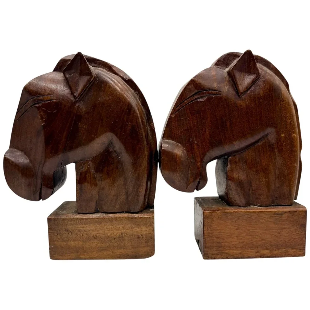 Vintage Hand Carved Wooden Horse Head Bookends Mid Century Modern Dark Wood Pair